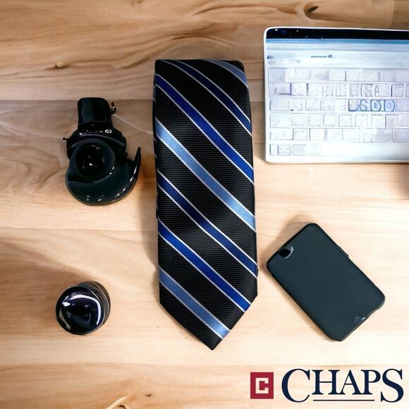Chaps Tie Black with Diagonal Stripes - Picture 1 of 6